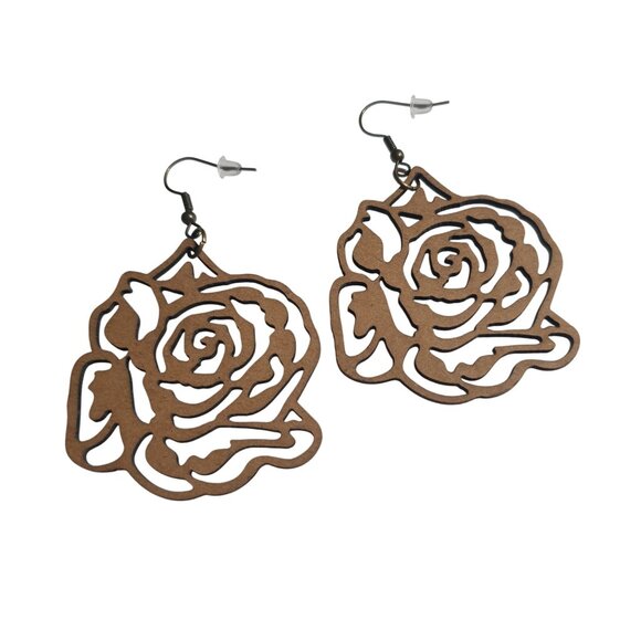 Laser Cut Chipboard Rose Dangle Earrings Lightweight Floral Brown Hook Closure - Picture 1 of 3